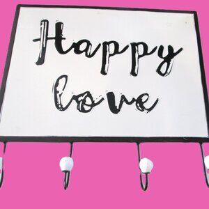 Patinaed Metal " Happy Love" Porcelain Knobbed (4) Coat Hook Sign